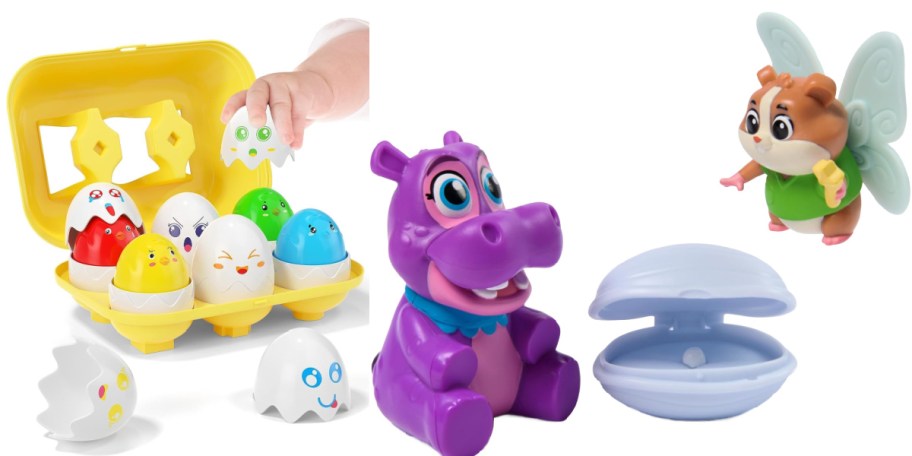 hand grabbing egg toys and purple hippo toy next to tooth fairy hamster