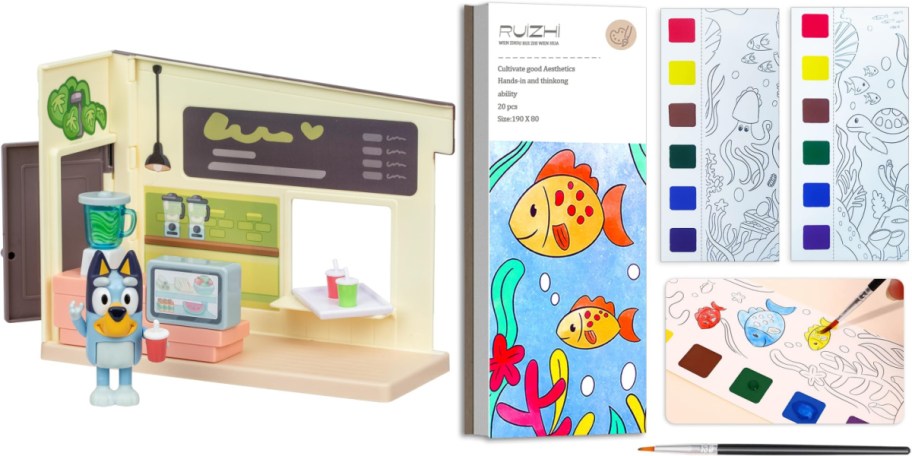 blue dog juice bar playset and watercolor books