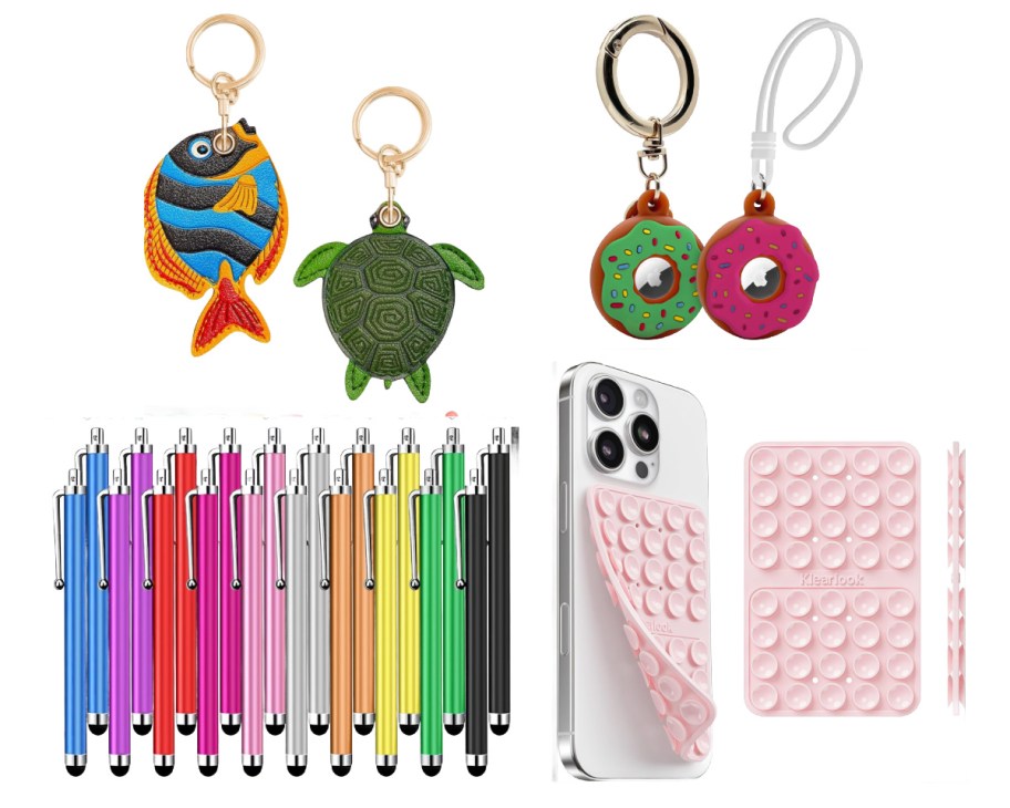 2 fish keychains, 2 donut keychains, rainbow stylus pens ,and pink suction phone holder