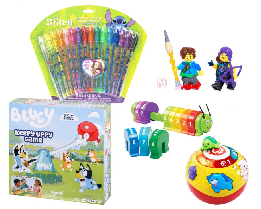 gel pens, lego minifigures, bluey board game, and more toys