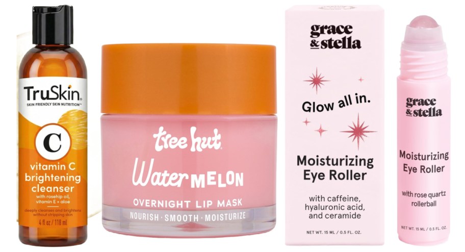 orange face wash, pink lip scrub jar, and pink eye balm stick