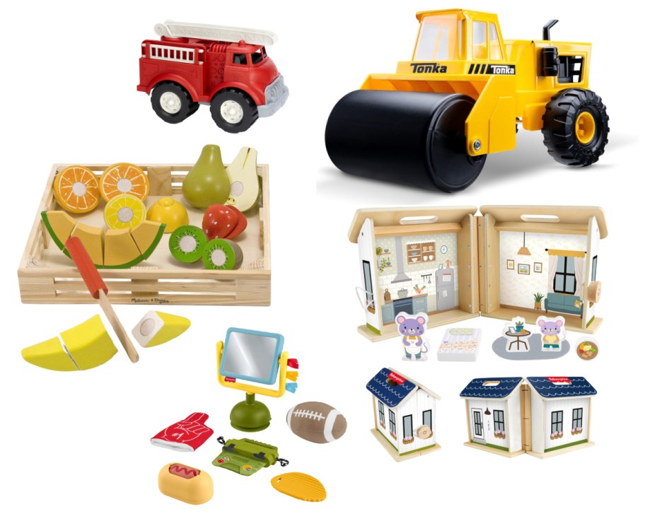 red firetruck, yellow steamroller, and more toys