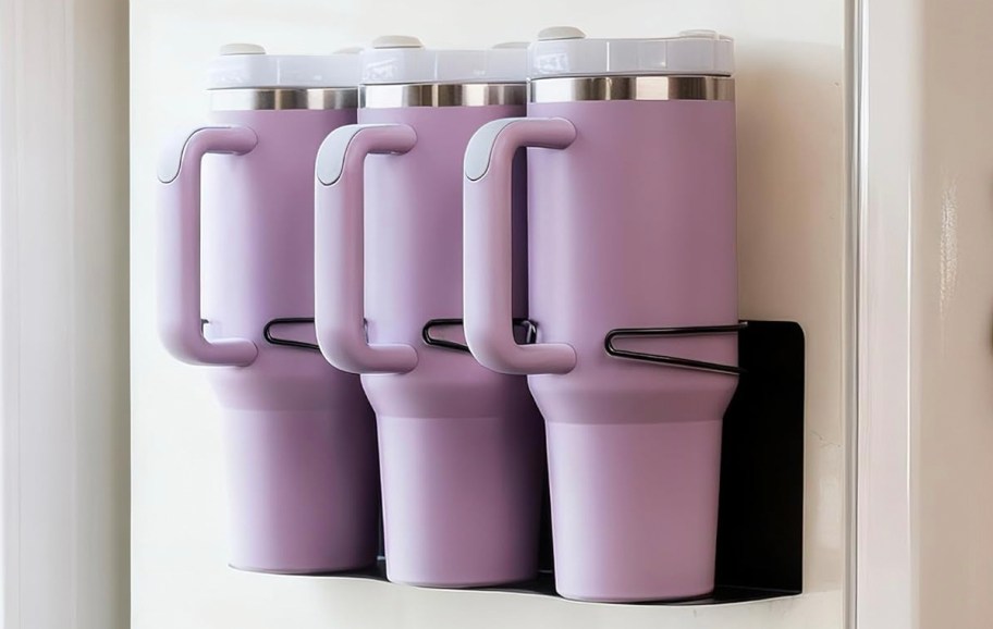 purple tumblers hanging on holder on wall 