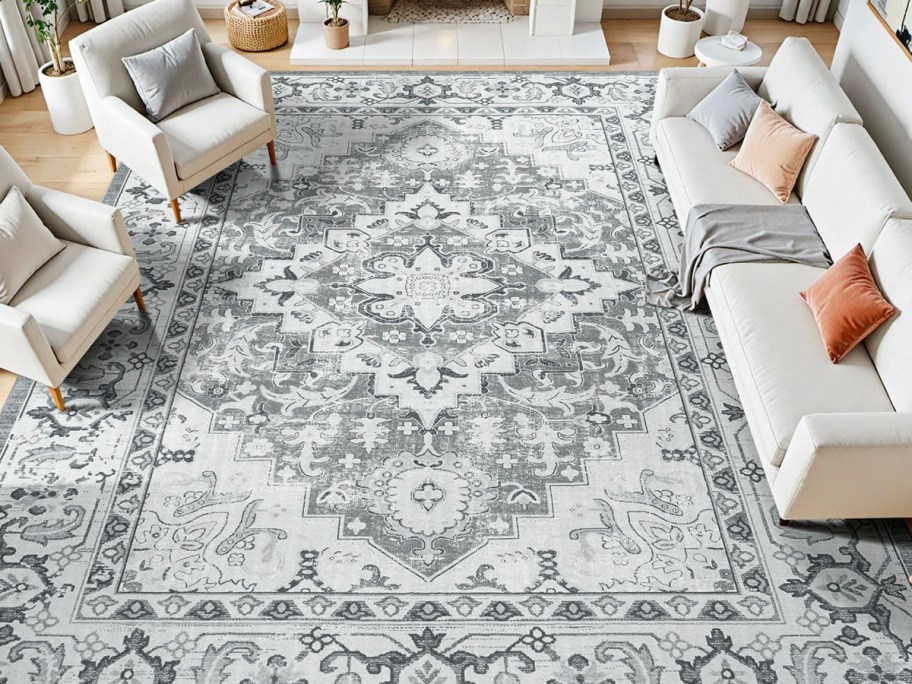white and gray rug in living room