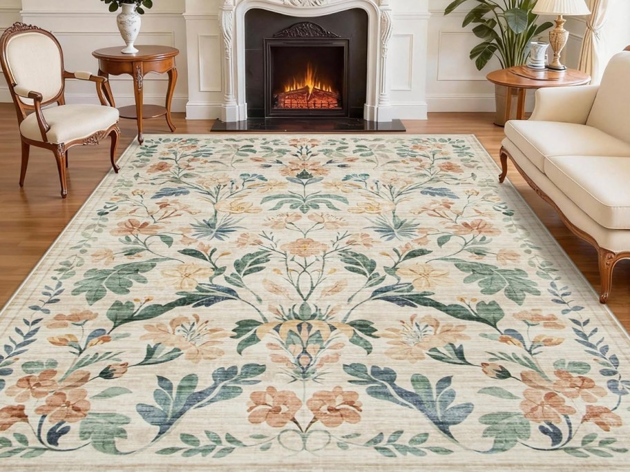 floral rug in living room