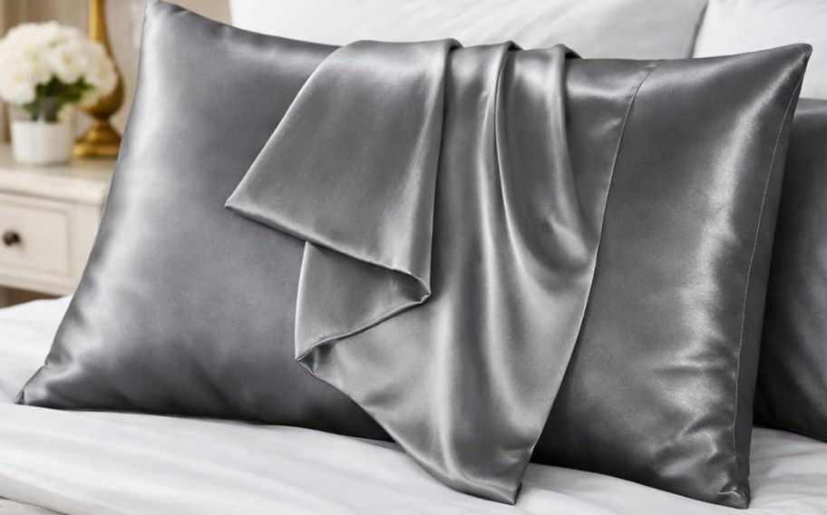 two gray satin pillows on bed 