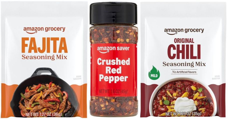 fajita and chili seasoning packets and crushed red pepper