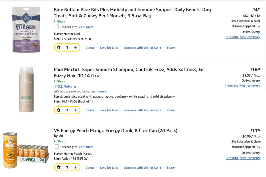 screenshot of dog treats, shampoo, and energy drinks order