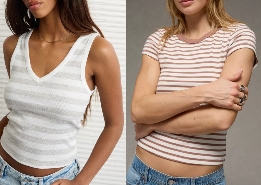 women in grey striped v neck tank and brown stripe tee
