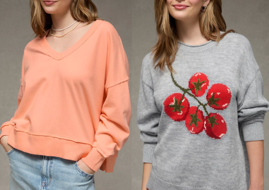 woman in orange sweatshirt and tomato sweatshirt