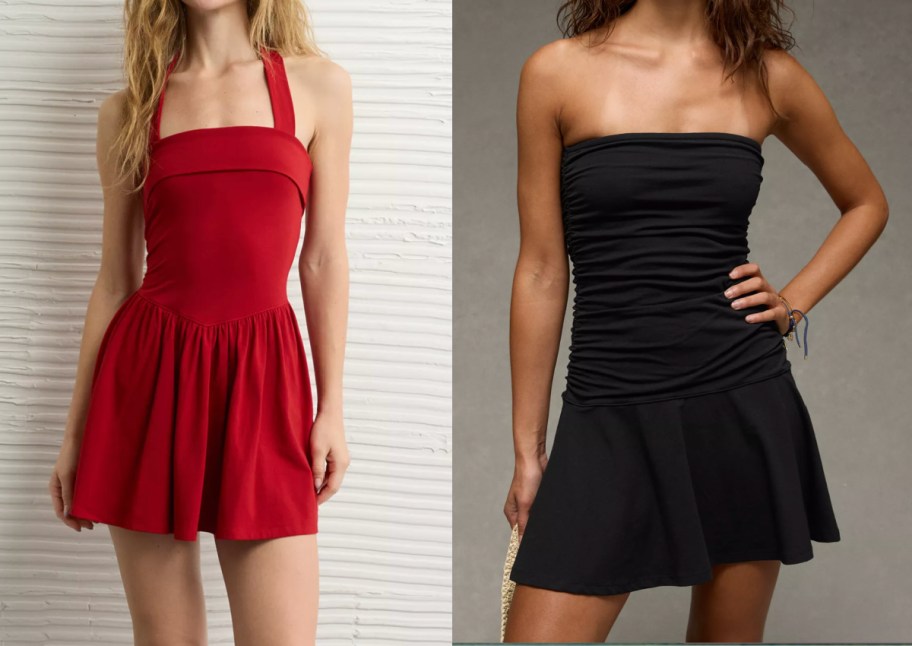 women in red halter dress and black strapless dress