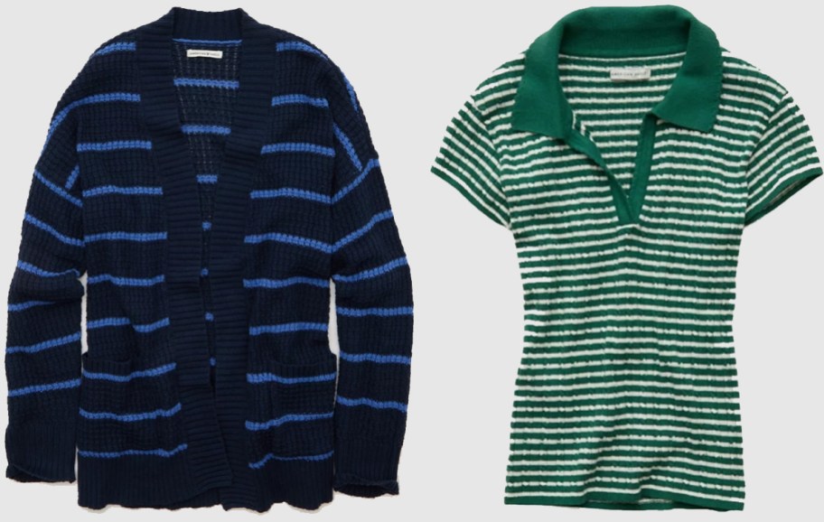 blue cardigan and polo green striped