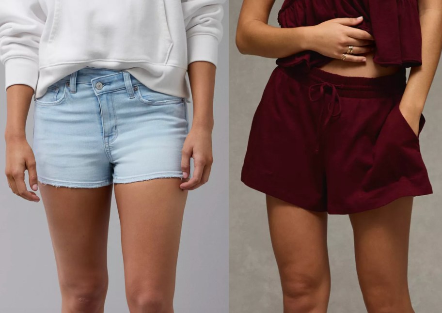 women in jean and maroon shorts