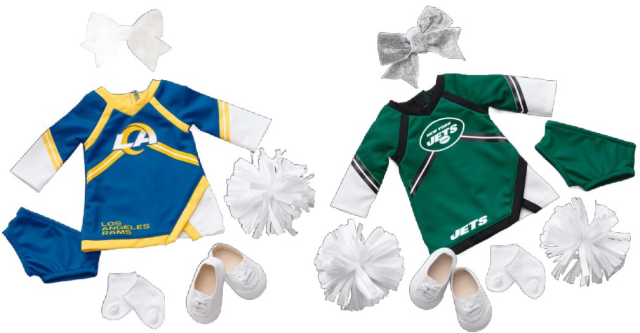 Two doll cheerleader outfits with accessories: the left is blue and yellow with "Los Angeles Rams," the right is green and white with "Jets." Each has matching shoes, socks, bows, and pom-poms.
