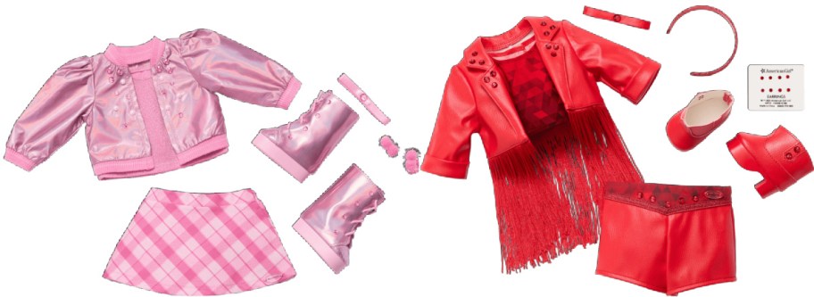The image shows two doll outfits: one pink with a shiny jacket, boots, and plaid skirt; the other red with a fringed top, shorts, and shoes.