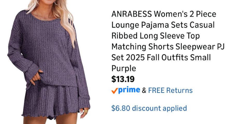 woman wearing purple lounge set next to Amazon pricing information
