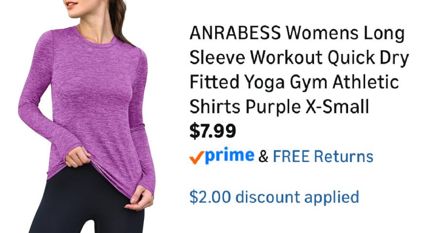 woman wearing purple shirt next to Amazon pricing information