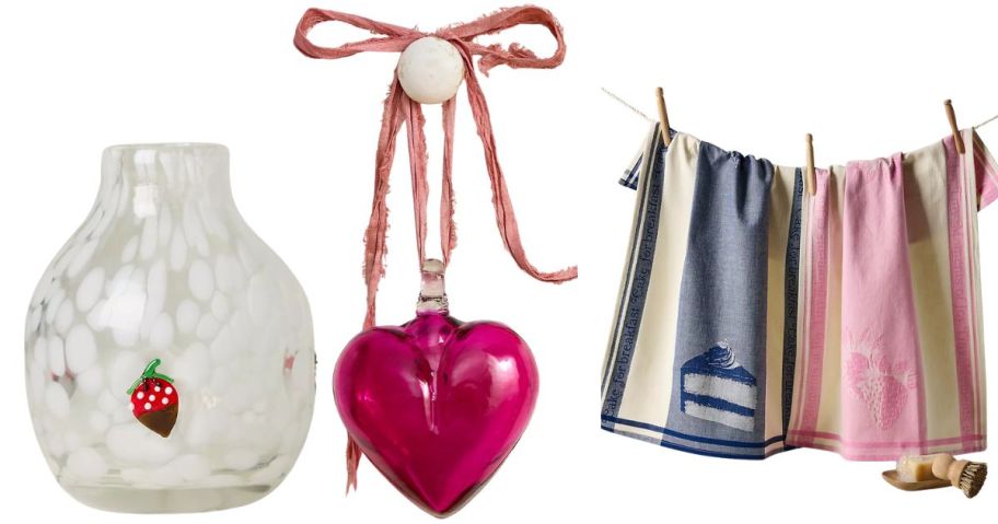 anthopologie vase, heart ornament, and towels
