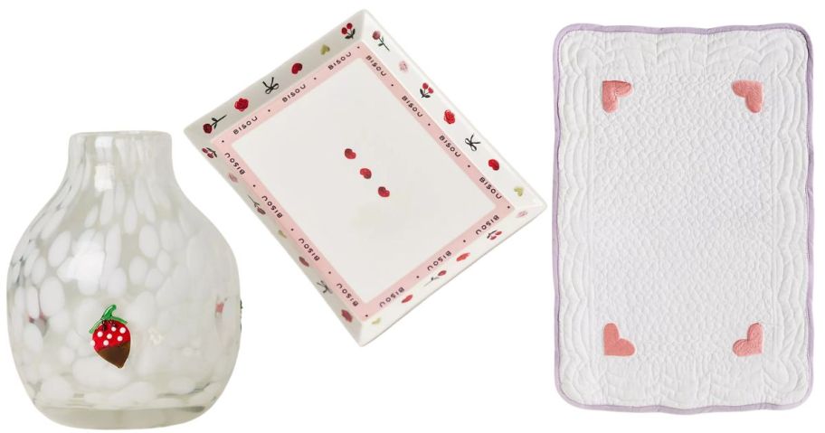 Anthropologie Valentine's Icon Confetti Glass Vase, Amour Ceramic Heart Trinket Tray, and Quilted Heart Reversible Placemat