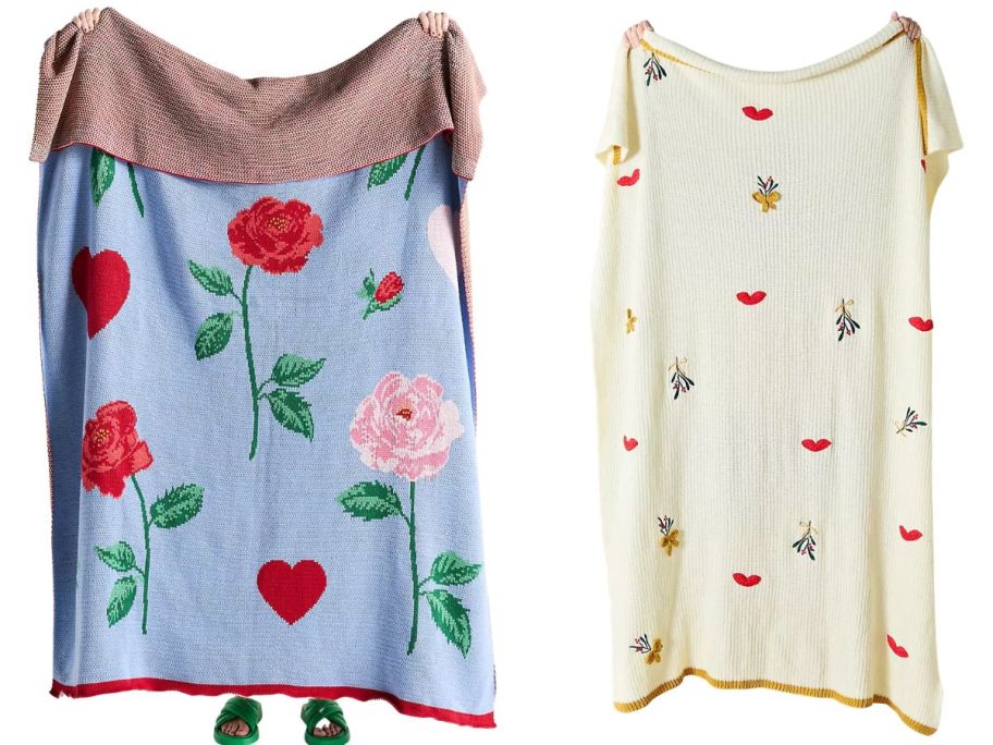 Anthropologie Cotton Sweater Knit Floral Throw Blanket and Diane Knitted Icon Throw Blanket