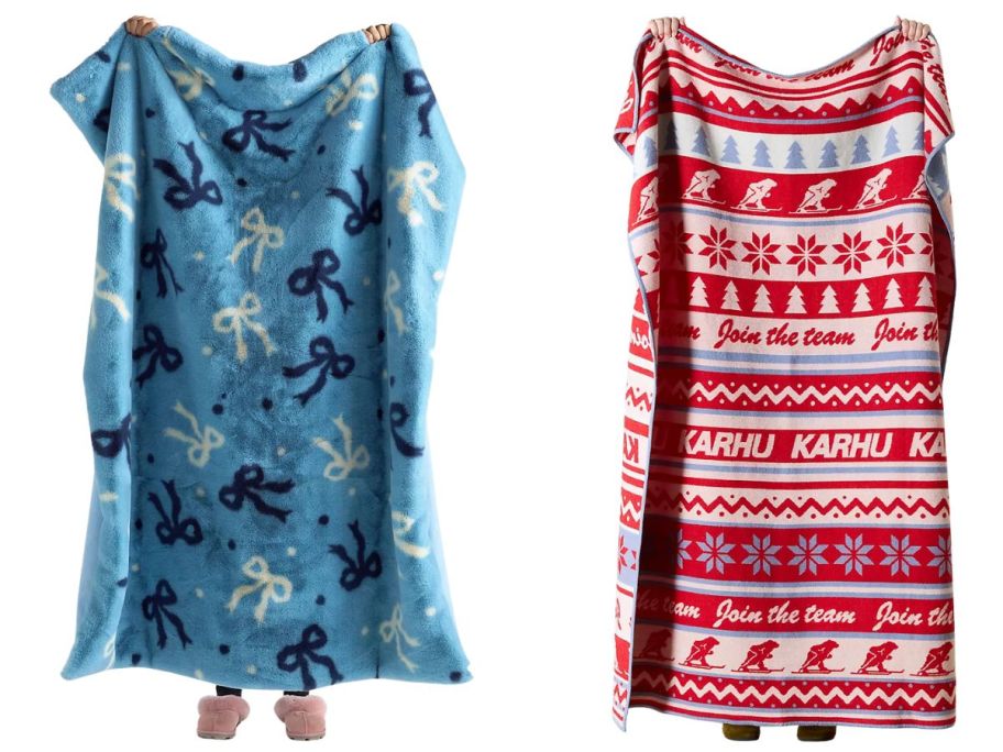 Anthropologie Maeve Printed Faux Fur Throw Blanket and Karhu Patterned Wool Throw Blanket