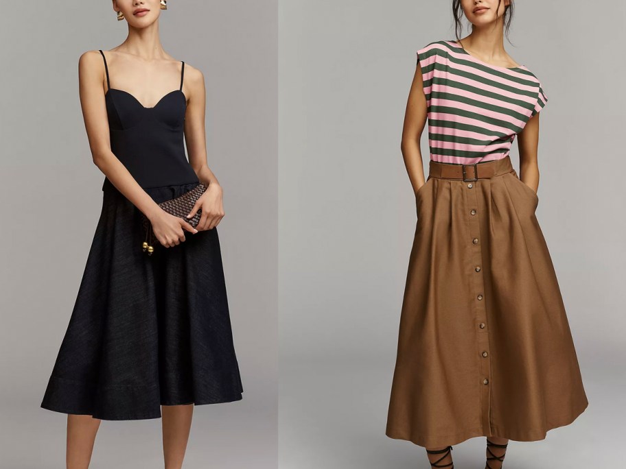 women wearing blue and brown dresses 