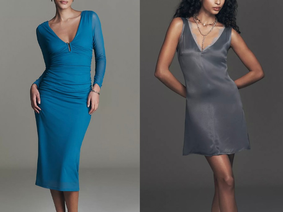 women wearing blue and gray dresses