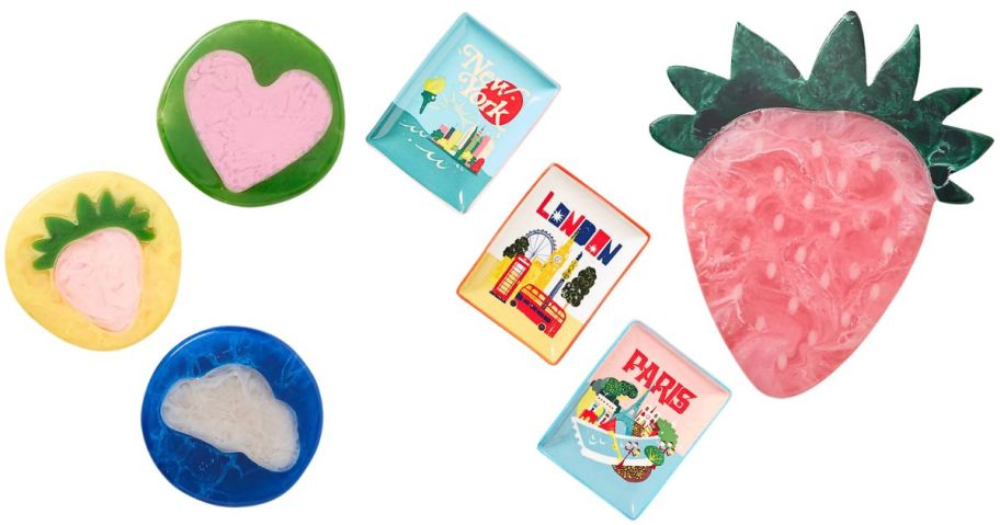 anthropologie coasters, trinket dishes, and cheeseboard