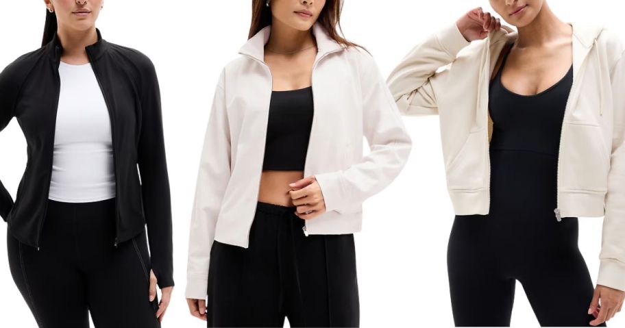 three women wearing athleta jackets and a sweatshirt