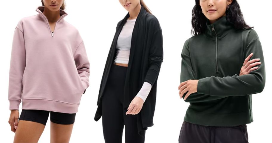 three women wearing sweatshirts and wrap