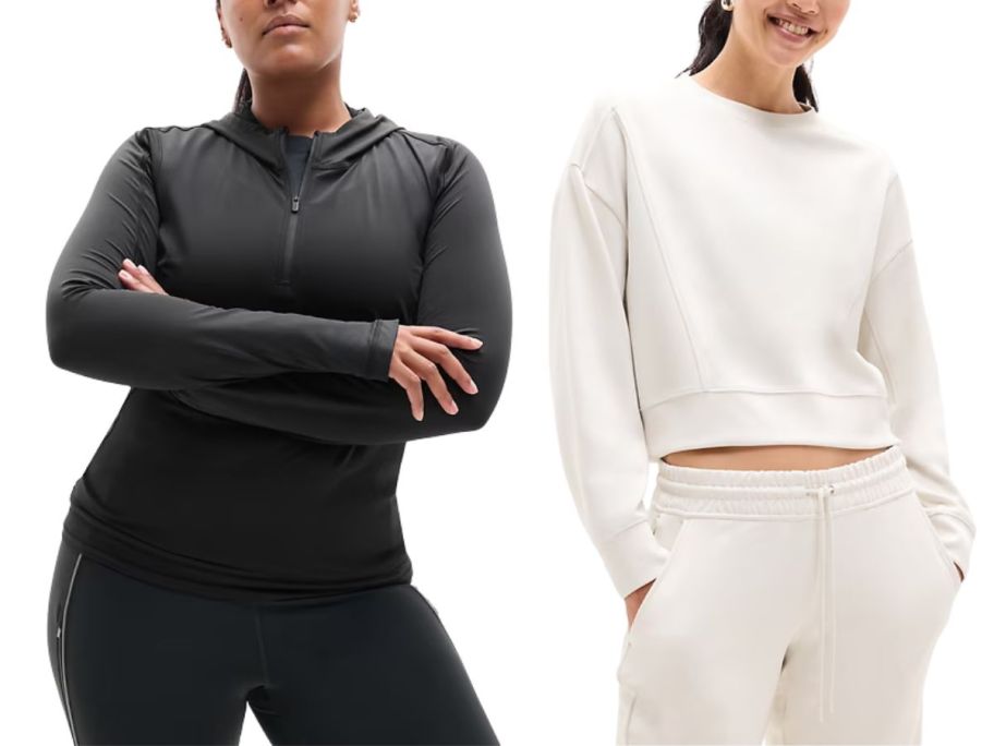 two women wearing athleta hoodies and sweatshirt