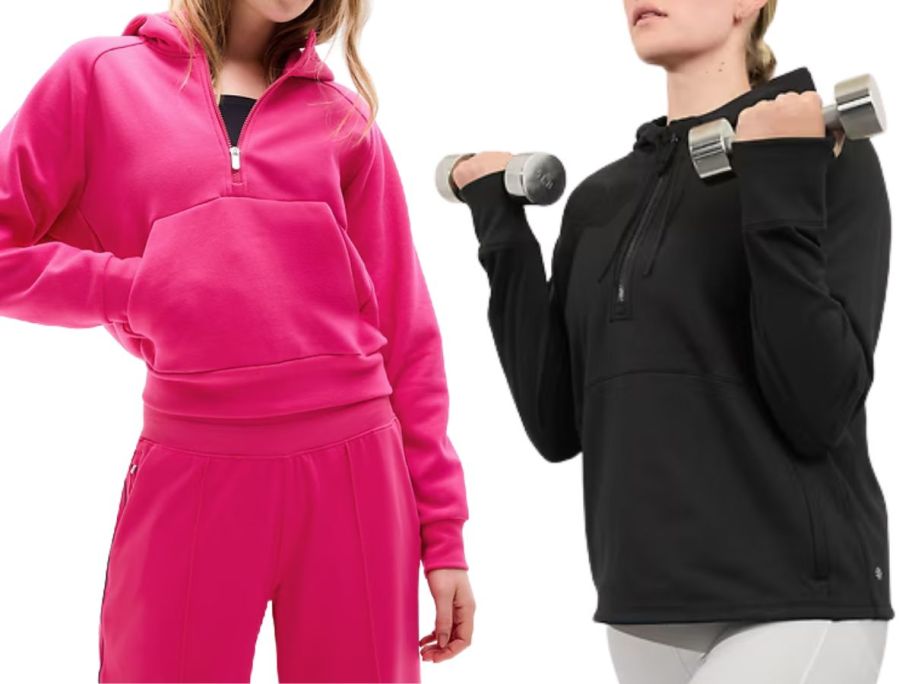 two women wearing athleta hoodies and sweatshirt