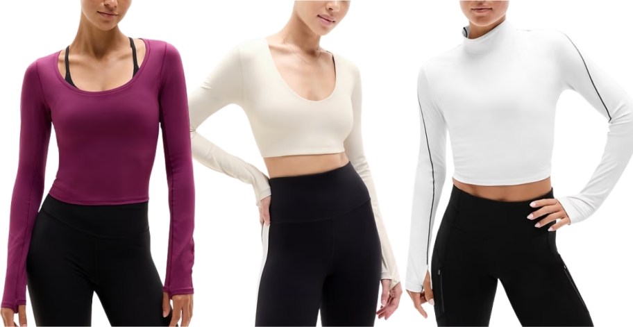 three women wearing activewear crop tops