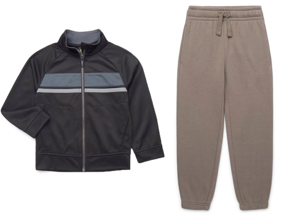 black jacket and brown sweatpants 