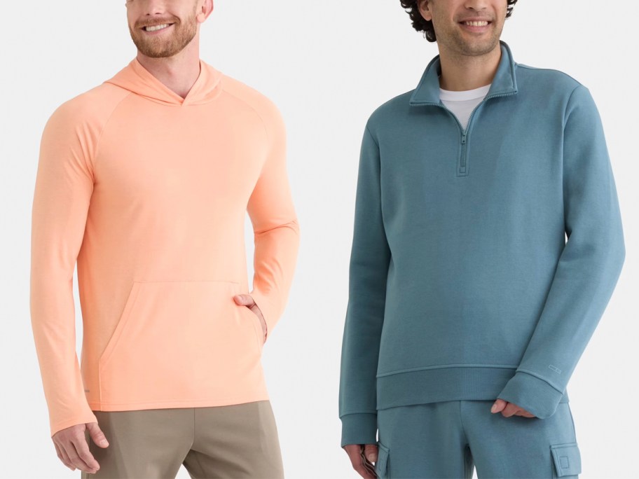 men wearing orange and blue jackets 