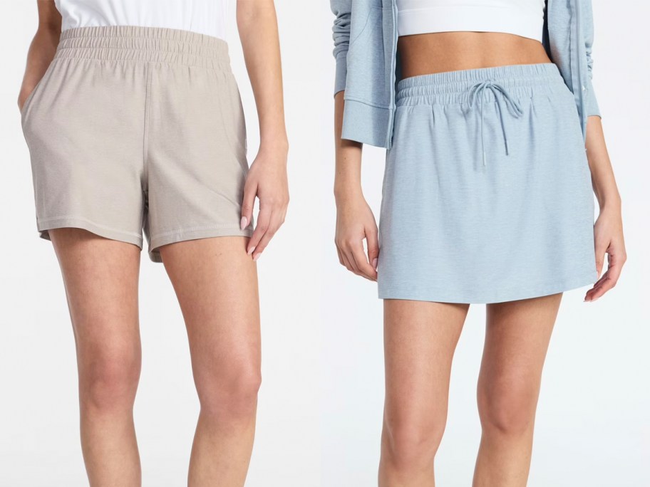 girls wearing tan and blue shorts 