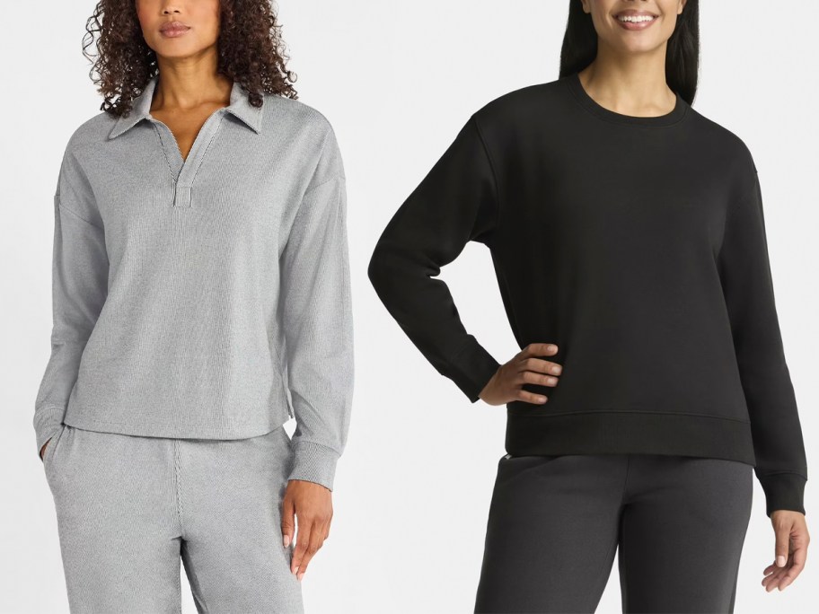 women wearing gray and black tops 