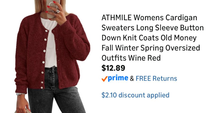 woman in red cardigan next to Amazon pricing information