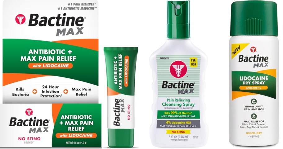 tubes and bottles of Bactine ointment and sprays