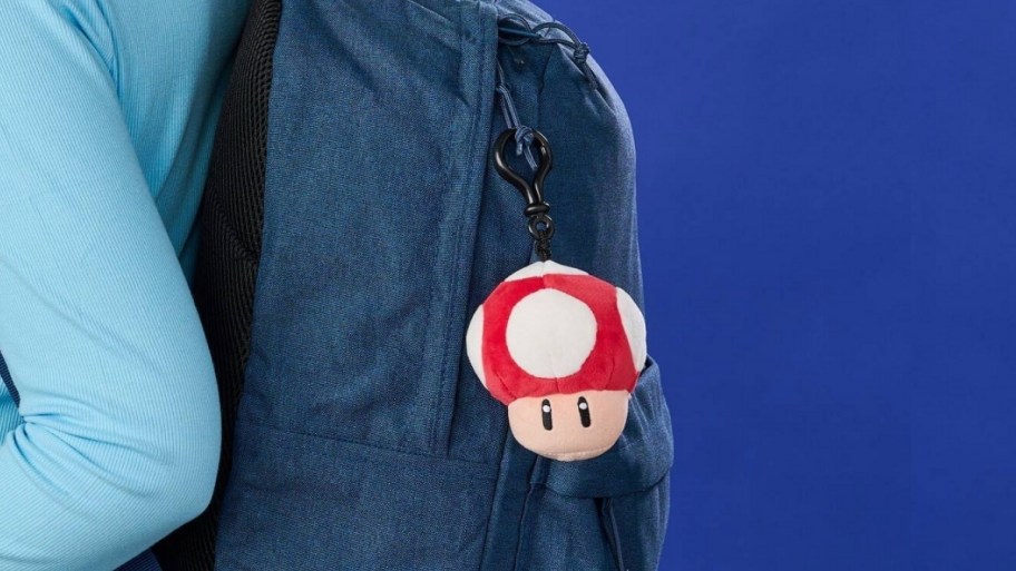 a Mocchi Super Mario Mushroom Plush Clip-On