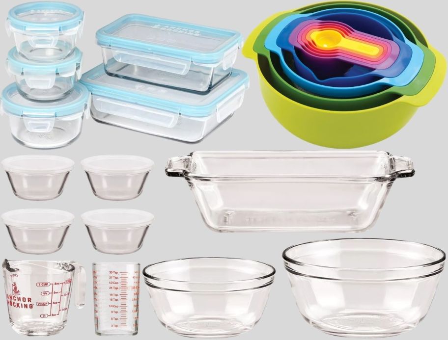 glass bakeware set, glass food storage set and nested plastic mixing bowl