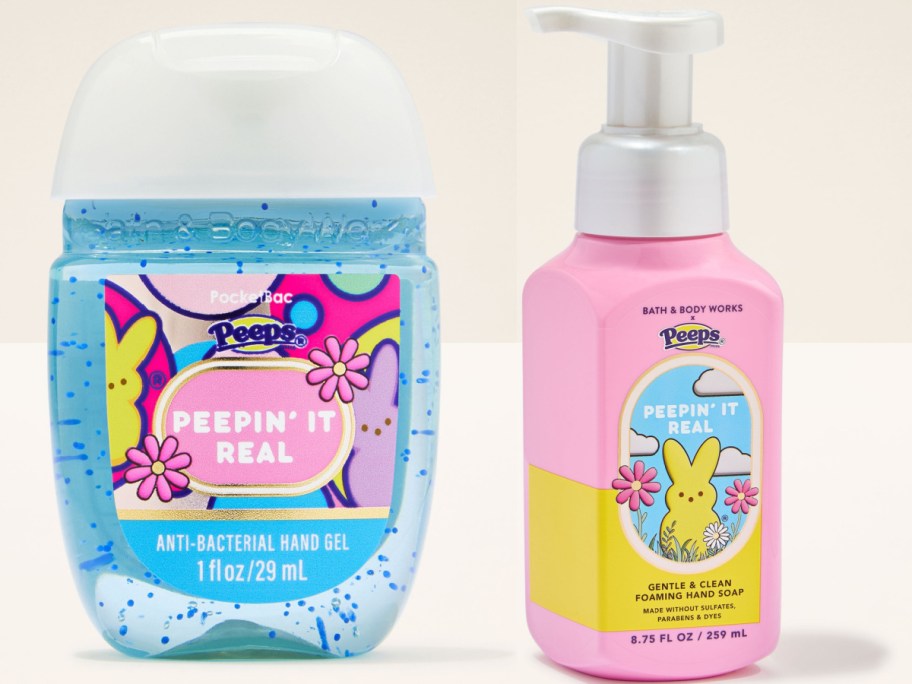 Two hand care products inspired by Peeps: one is an anti-bacterial hand gel in a colorful container, and the other is a foaming hand soap in a pink and white bottle.