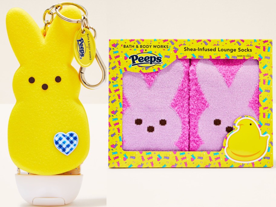 A yellow Peeps bunny shaped keychain next to packaging of pink sheer lounge socks featuring a pink Peeps bunny design.