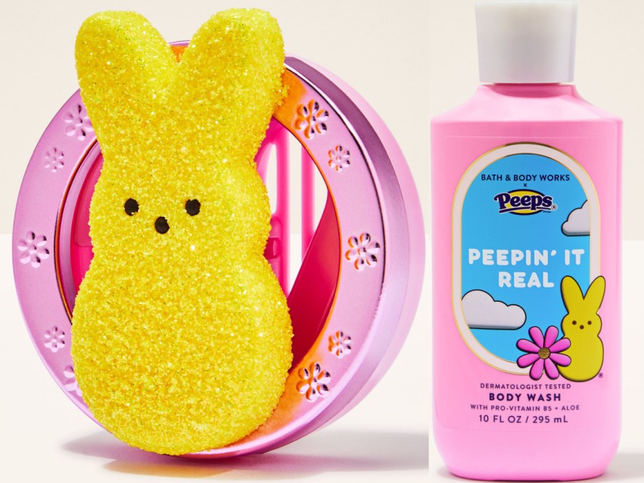 A pink and yellow Peeps-themed body wash bottle next to a fluffy yellow Peeps bunny fragrance holder.
