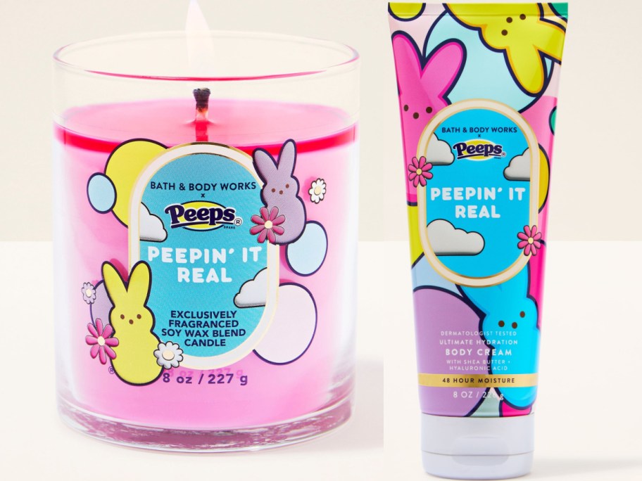 A pink candle with a Peeps bunny design and a tube of body cream featuring colorful Peeps bunnies and clouds.
