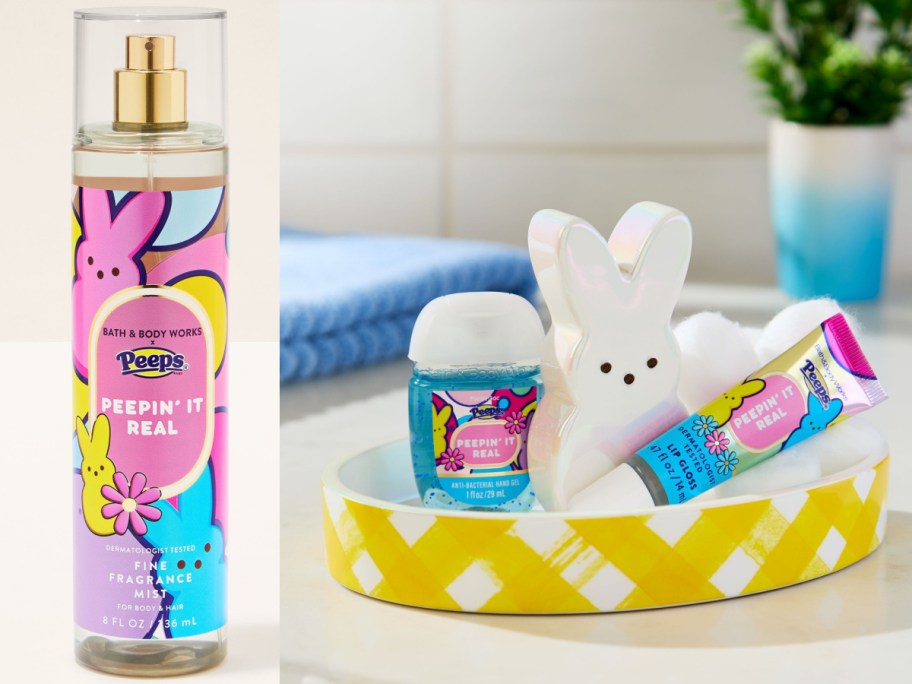 A collection of Peeps-themed body care products, including a fine fragrance mist, a lotion, and a cream, displayed on a yellow and white decorative dish.