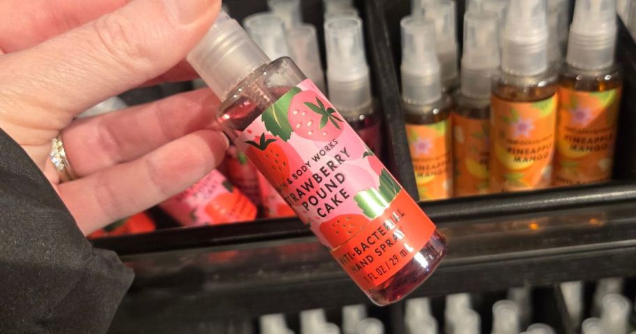 bath and body works hand sanitizer spray in hand in store