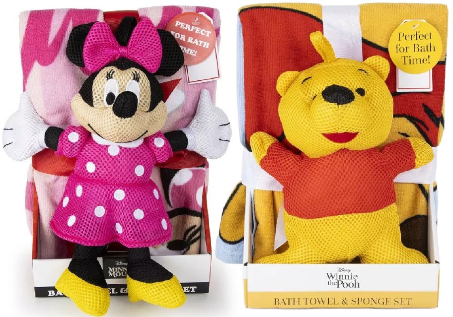 Minnie Mouse and Winnie the Pooh bath towel sets. Each includes a plush sponge in their likeness, colorful towels, and tags stating