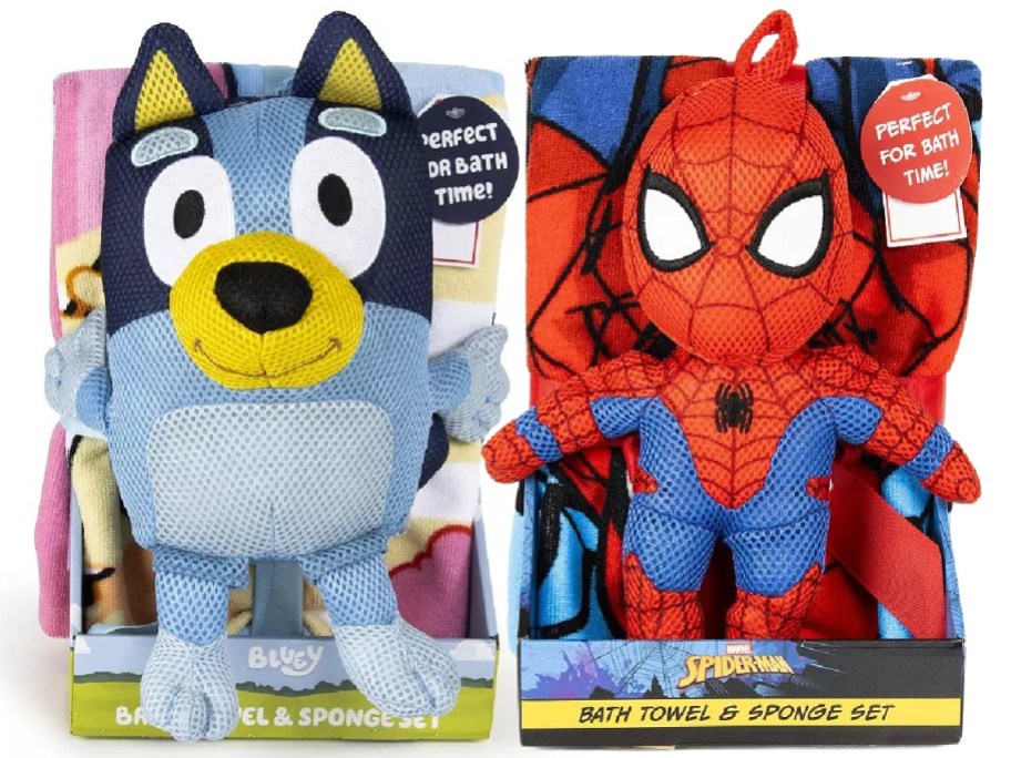 Two plush characters, Bluey and Spiderman, are displayed with colorful bath towels labeled