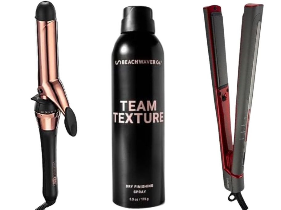 CONAIR INFINITIPRO Rose Gold Titanium 1" Curling Iron, The Beachwaver Co. Team Texture Dry Finishing Spray, and CHI Lava Glide Hairstyling Iron 1&Prime;